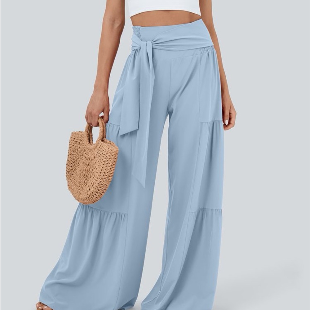 HALARA Light Blue Wide Leg Tie-Waist Pants